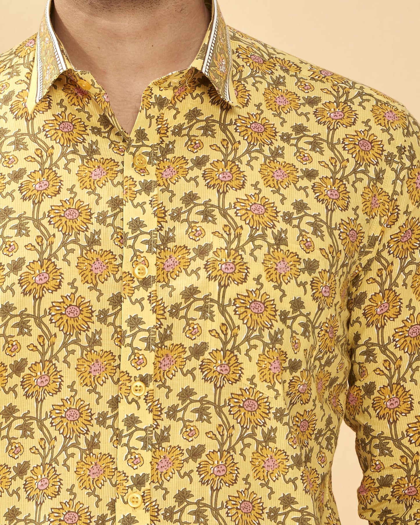 Yellow Cotton Handblocked Printed Shirt