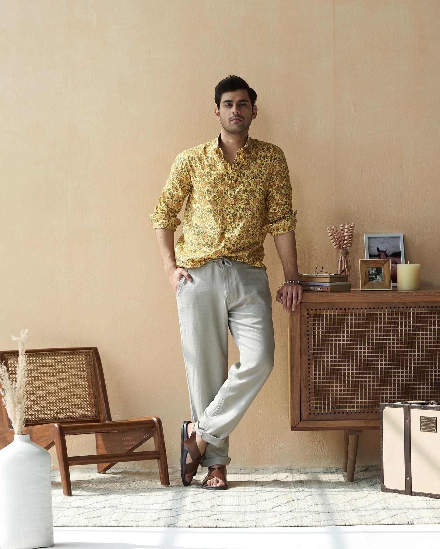 Yellow Cotton Handblocked Printed Shirt