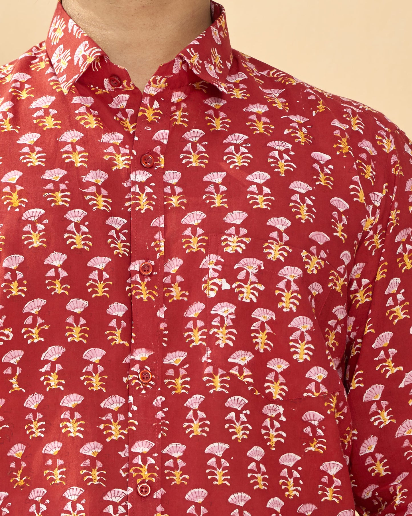 Red Cotton Handblocked Printed Shirt