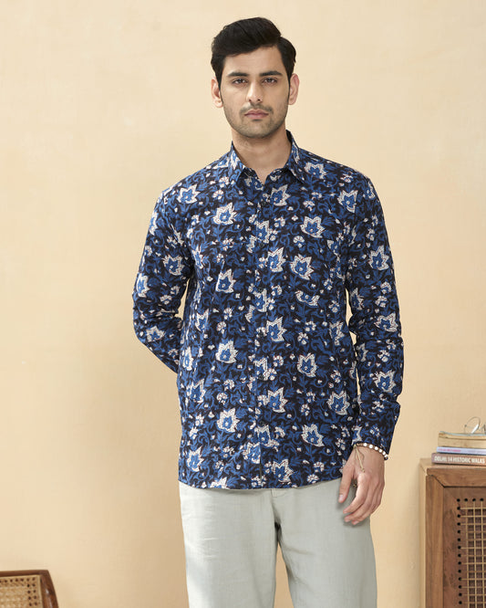 Blue Cotton Handblocked Printed Shirt