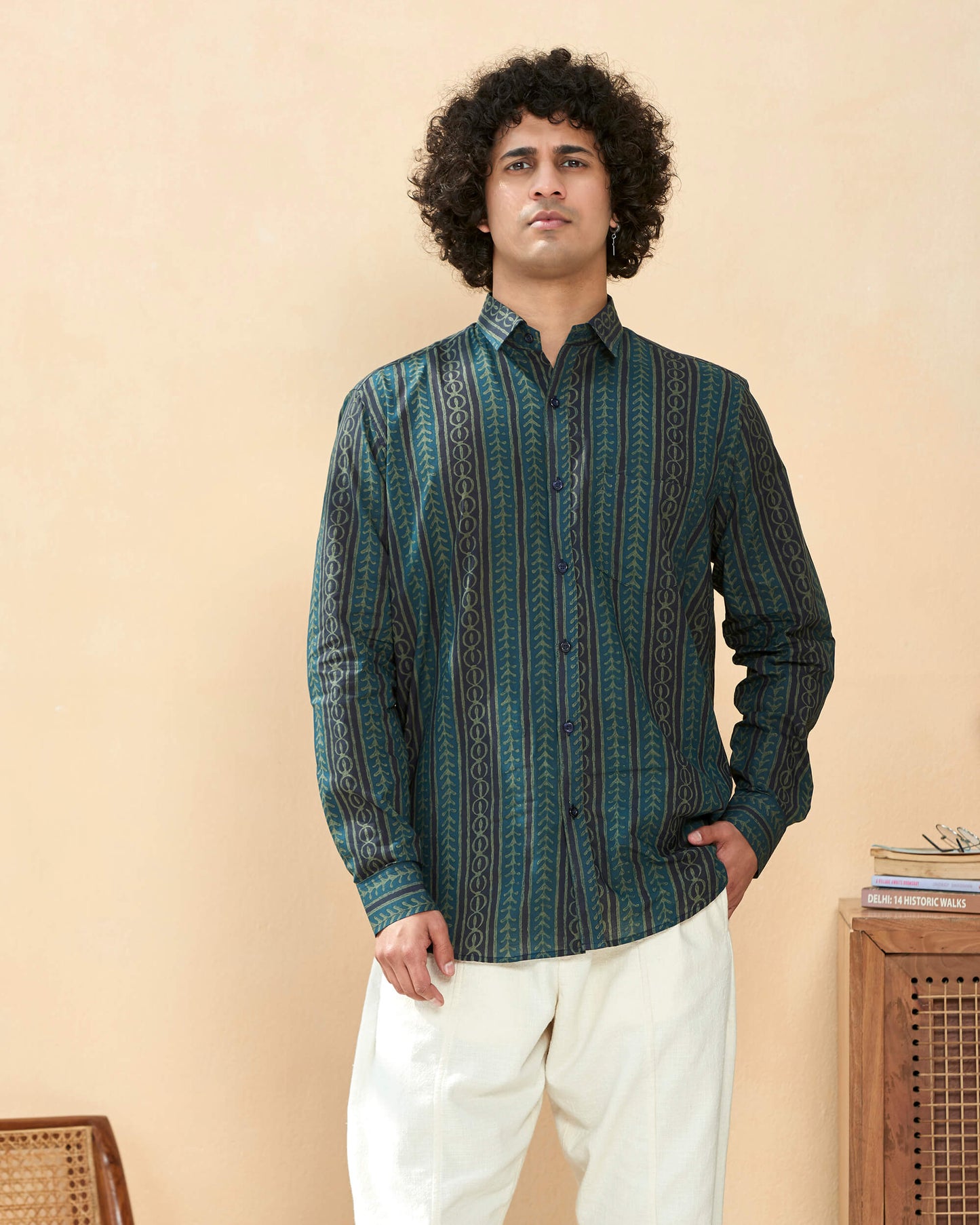 Moongia Green Cotton Handblocked Printed Shirt