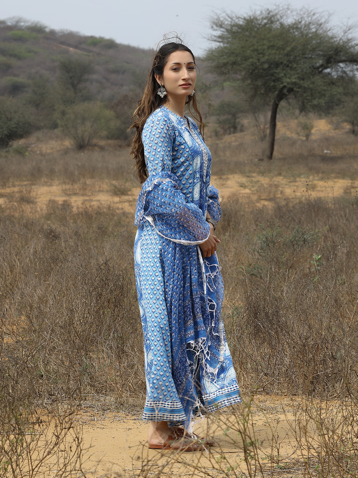 Blue Cotton Hand Block Printed Anarkali Kurta Set with Sequin Work & Kota Doriya Dupatta