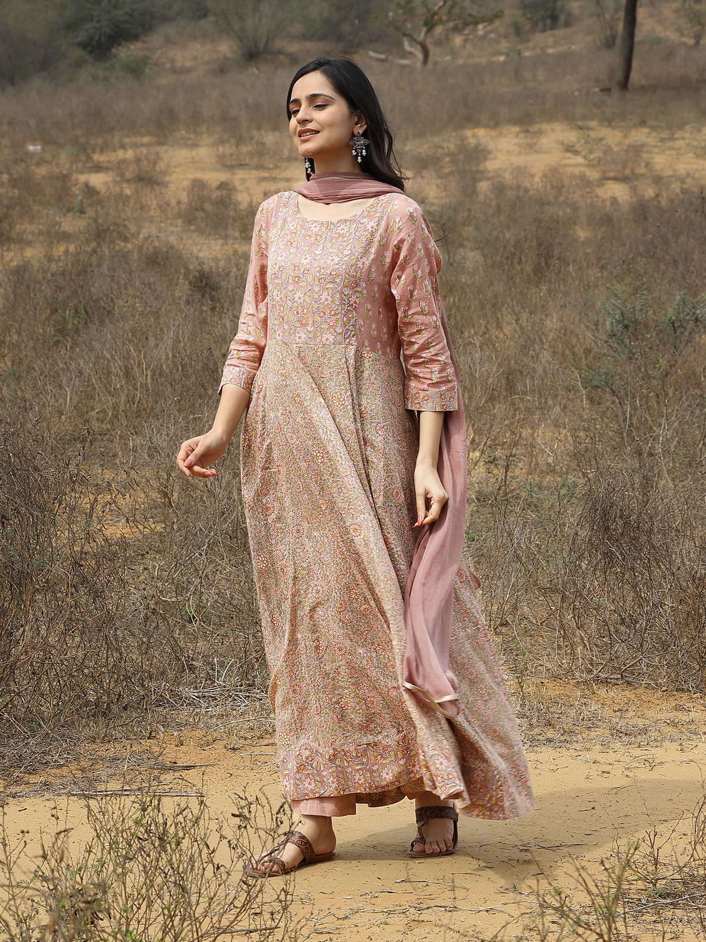 Light Brown Hand Block Cotton Printed Anarkali Kurta Set with Pant & Shiffon Dupatta