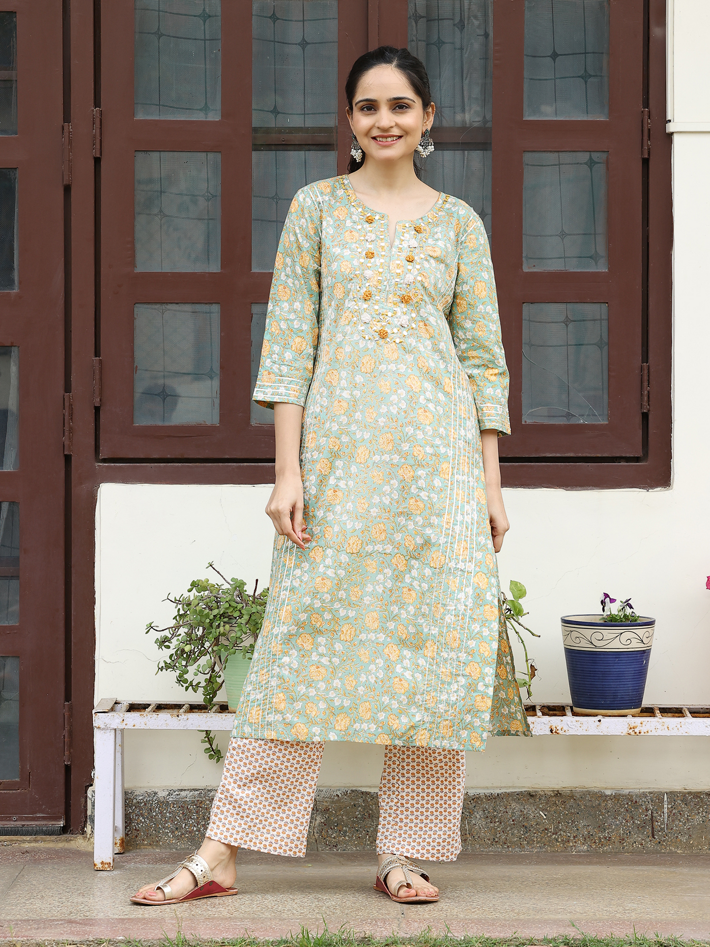 Light Green Hand Block Printed Straight Kurta Set with Thread Embroidery & Mirror Work