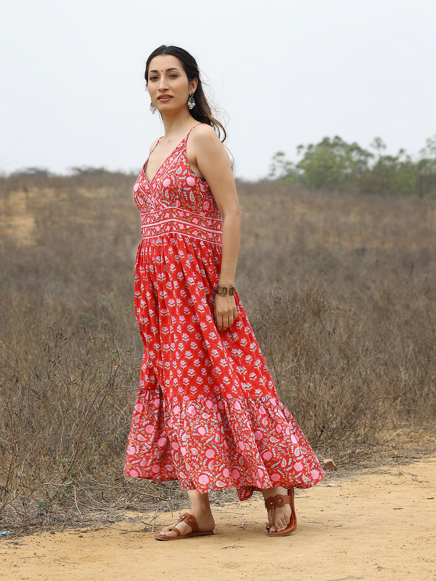 Red Kalamkari Printed Dress