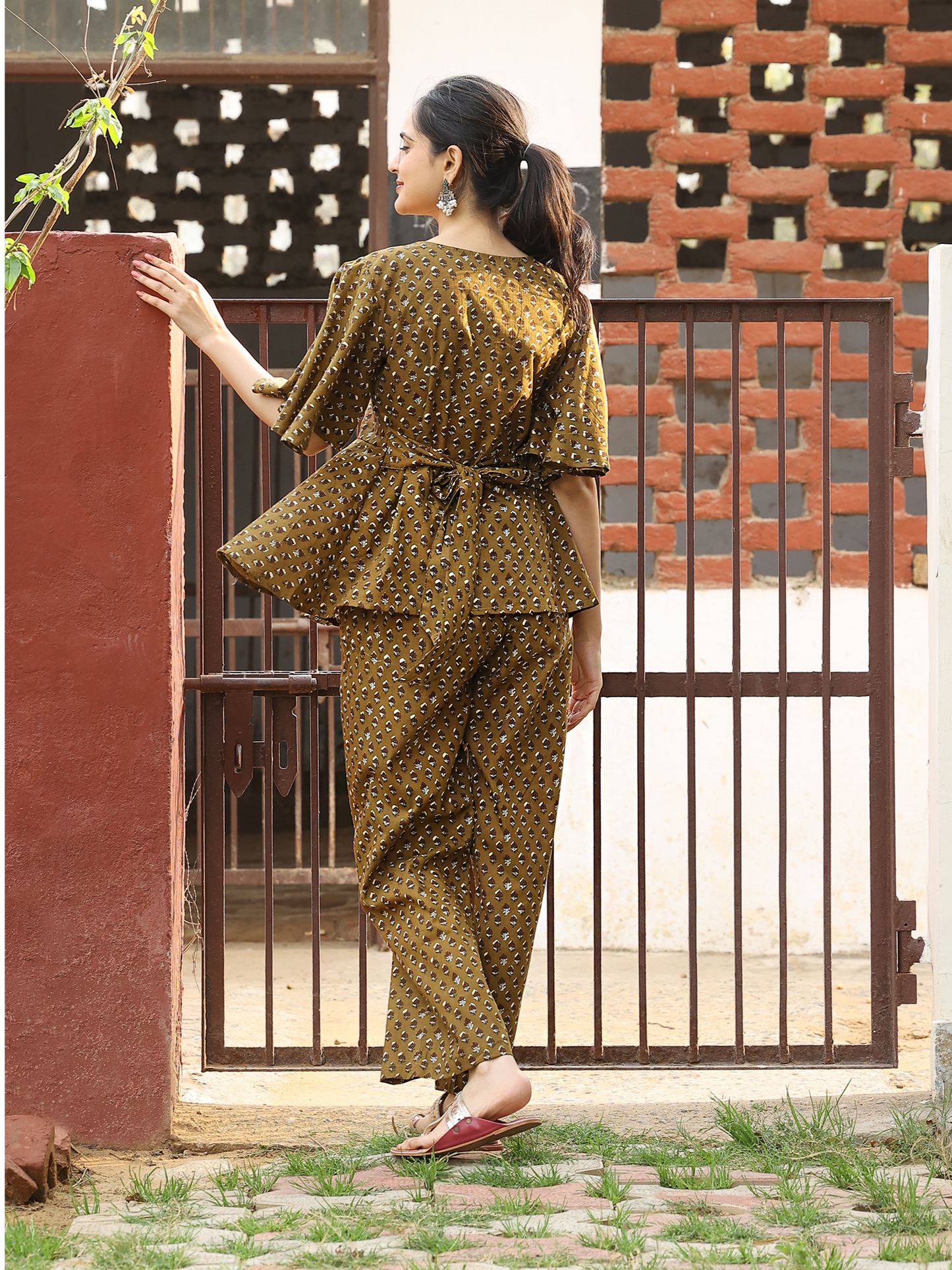 Yellow Handblocked Bagru Printed  Frilled Sleeve Cotton Co-ord Set