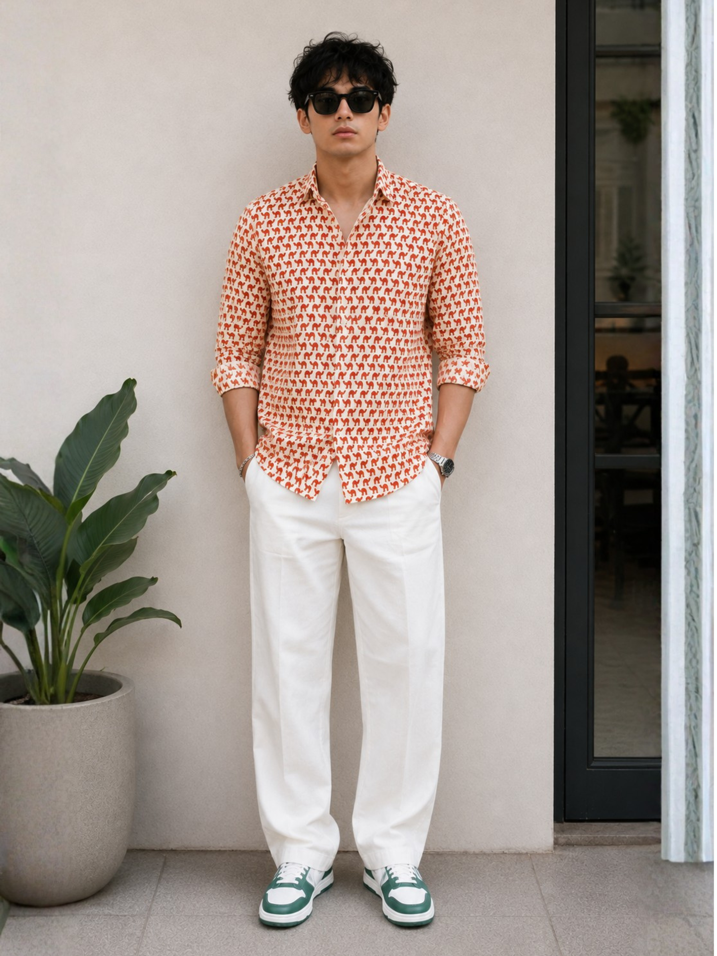 Full Sleeve Hand Block Camel Printed Mens Cotton Shirt (Red)