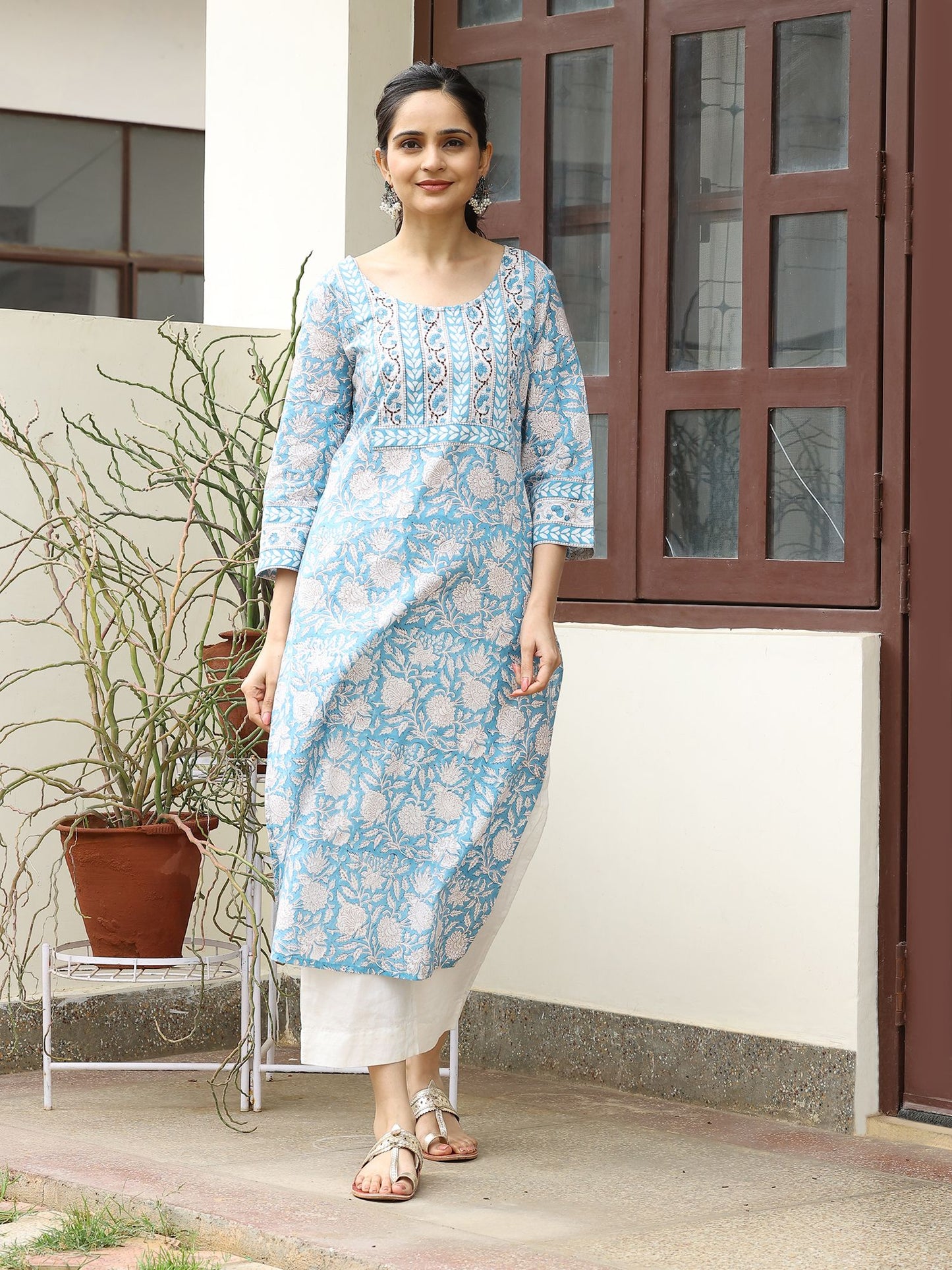 Blue Kantha HandBlocked Bagru Floral Printed Kurta