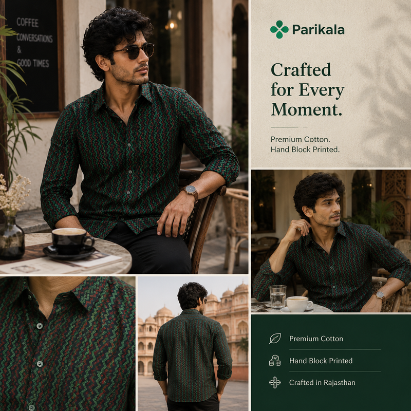 Green Cotton Hand Block Printed Men's Shirt