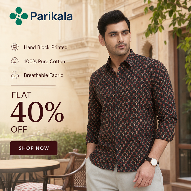 Black Full Sleeve Cotton Hand Block Printed Men's Shirt