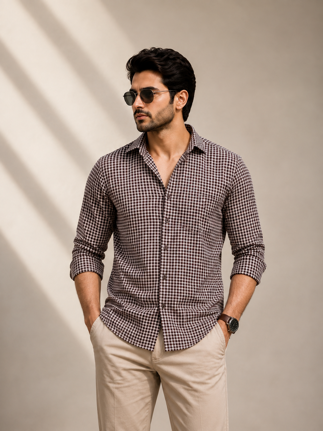 Full Sleeve Checkhered Printed Mens Cotton Shirt (Baige)