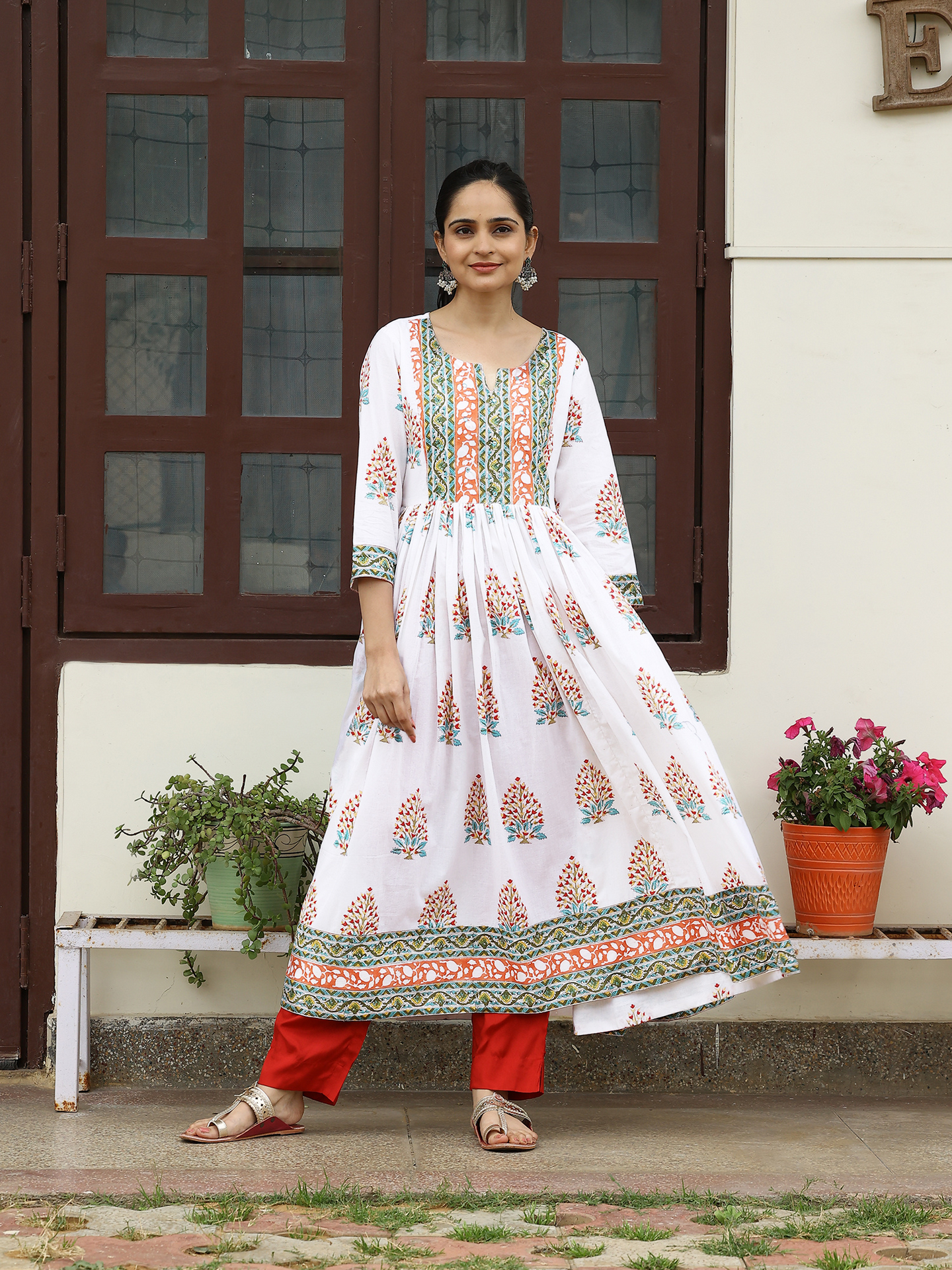 White Hand Block Printed Cotton Anarkali Kurta Round Neck