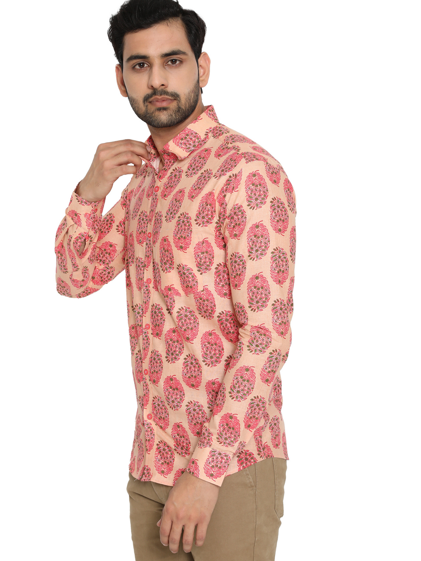 Full Sleeve Printed Mens Cotton Tshirt (Peach)