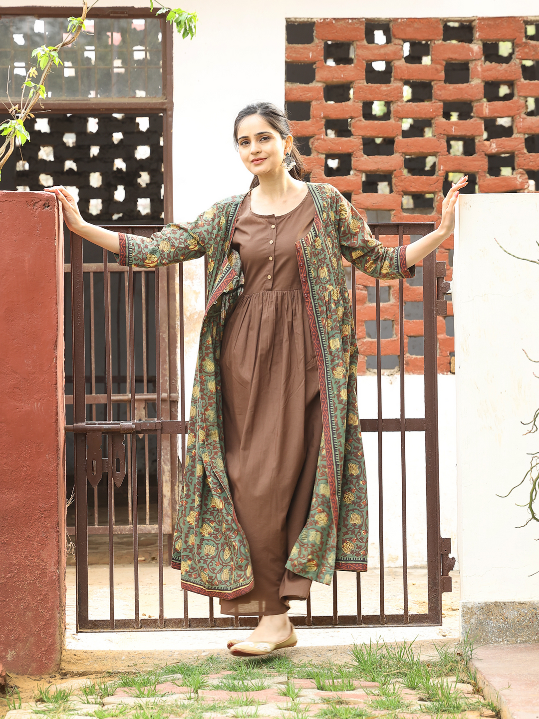 slim fit dress slacks Paridha green georgette shrug dress – PARIDHA main image 0
