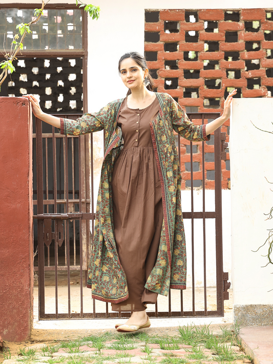 Green Sleeveless Dress with Kalamkari Printed Shrug