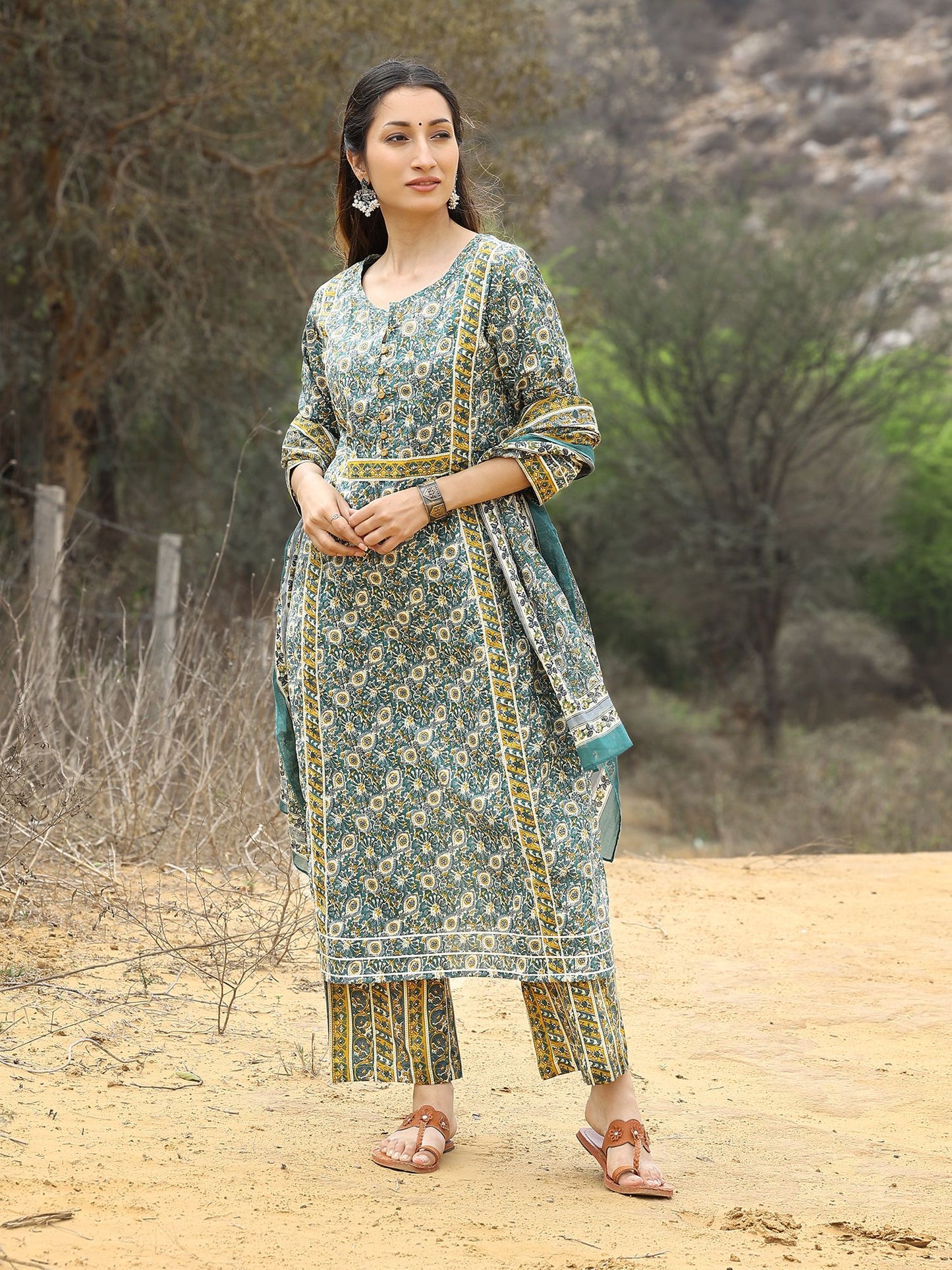 Pastel Gold Print Straight Kurta Set with Pant