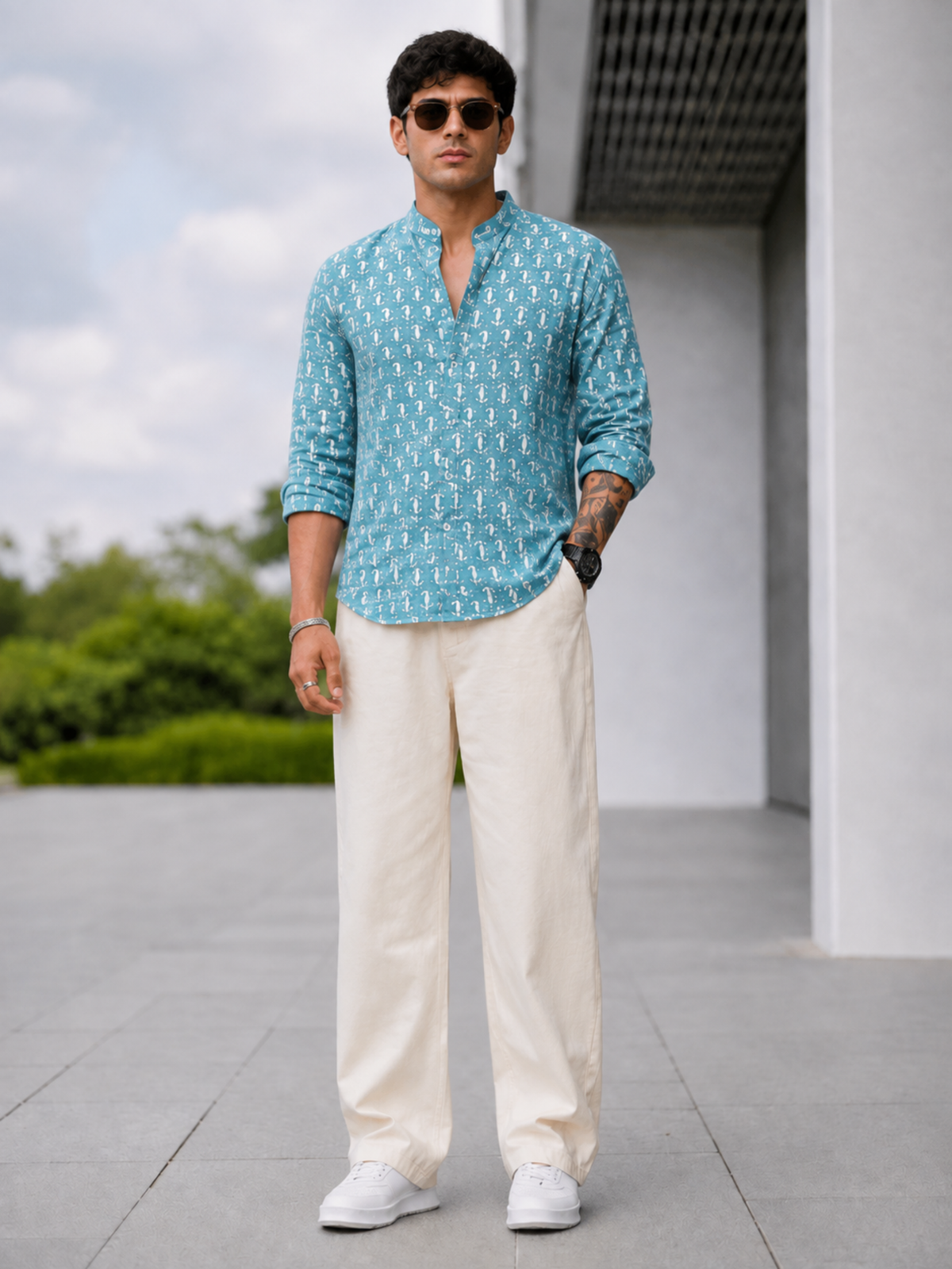 Handblock Printed Mens Cotton Short Kurta Style Shirt  (Blue)