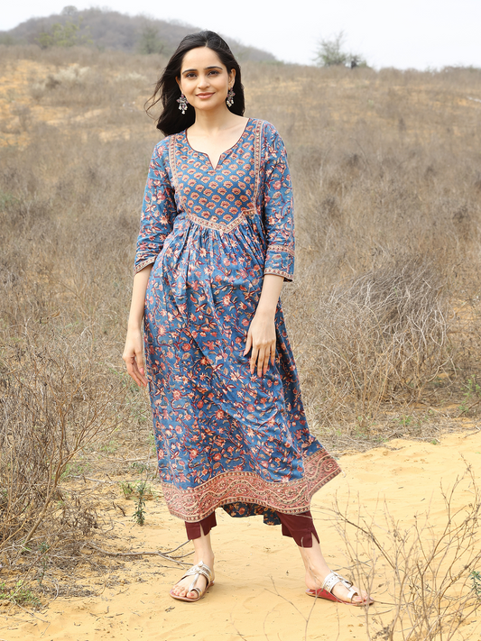 Blue Hand Block Printed Cotton A-Line Kurta Set with Plain Pant & Chiffon Dupatta