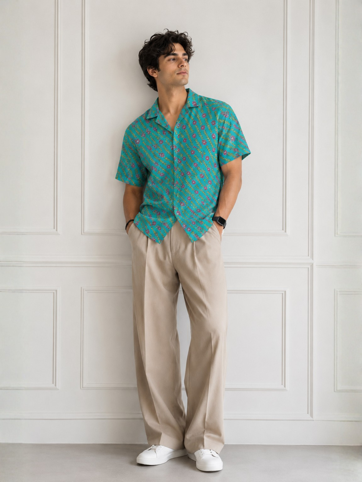 Aqua blue Short Sleeve Cotton Slim Hand Block Printed Men’s Shirt
