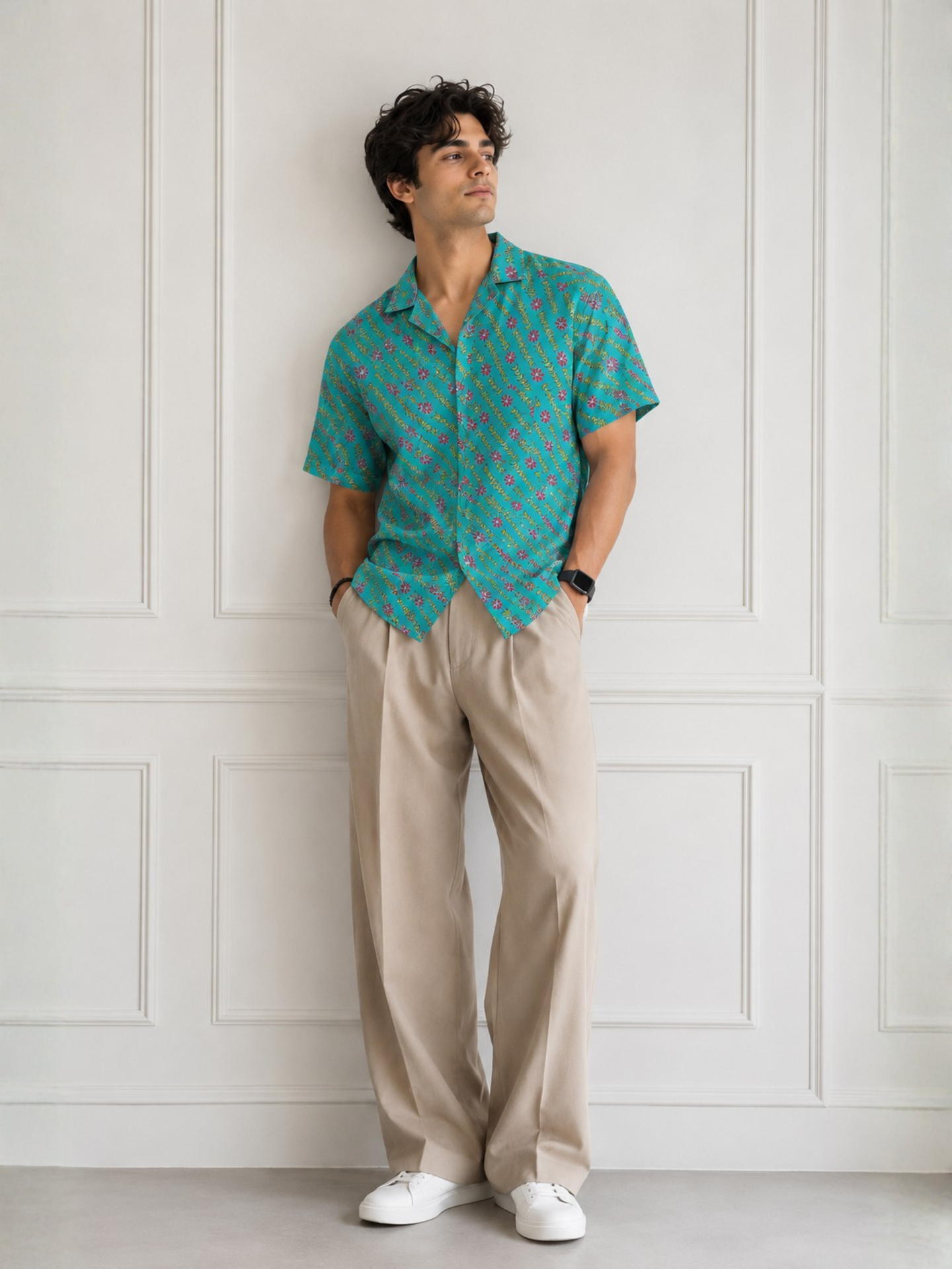 Aqua blue Short Sleeve Cotton Slim Hand Block Printed Men’s Shirt