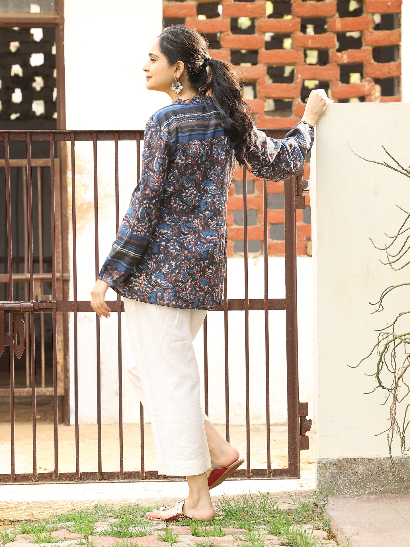 Blue Hand Block Dabu Printed Round Neck Cotton Top