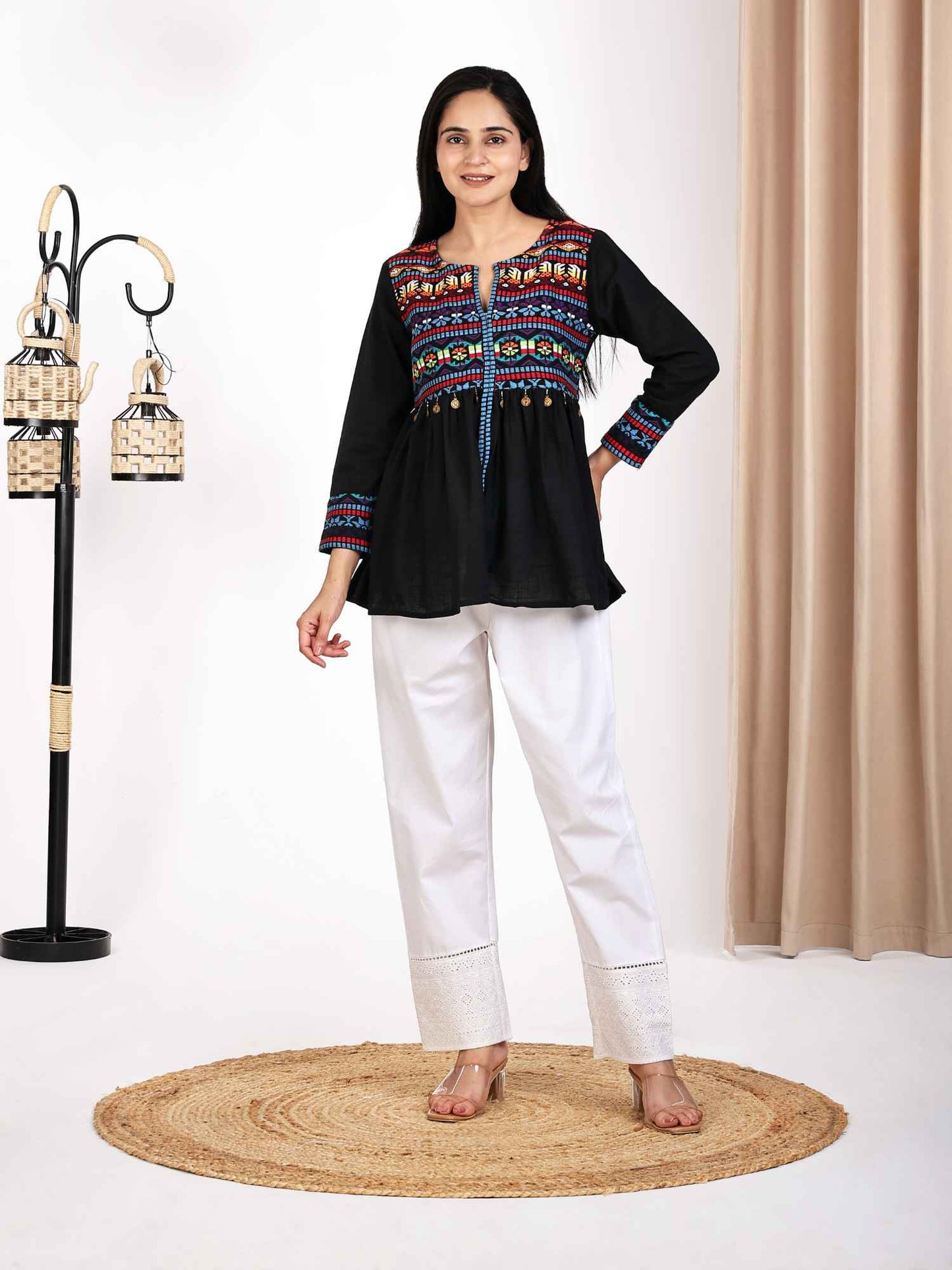 Black Jacquard Weave Peplum Top for Women Round V Neck