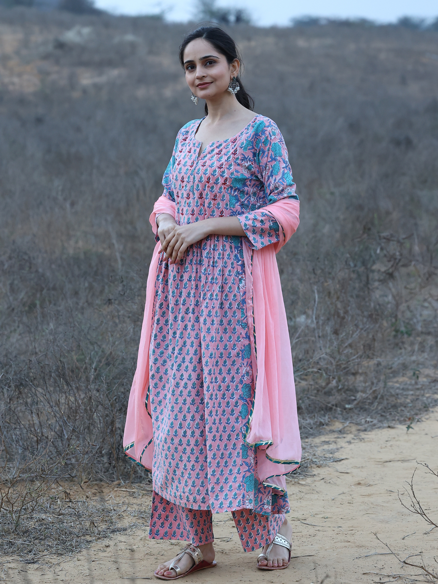 Hand Block Printed A-Line Kurta Set with Thread Embroidery at Yoke