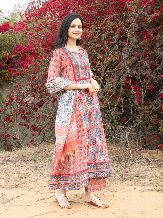 Pink Hand Block Printed Cotton Anarkali Kurta Set with Printed Pant & Chanderi Dupatta