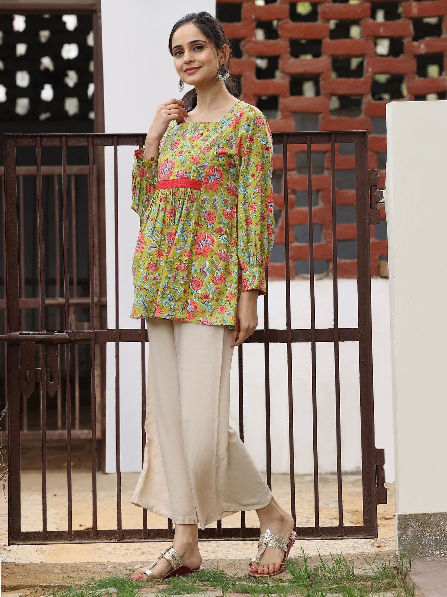 Light Green Cotton Handblocked Bagru Printed Top