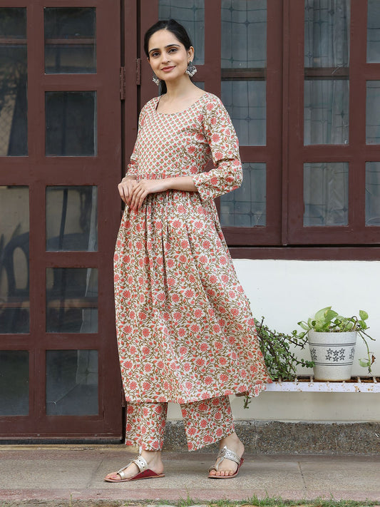 Beige Handblocked Bagru Printed Kurta Set