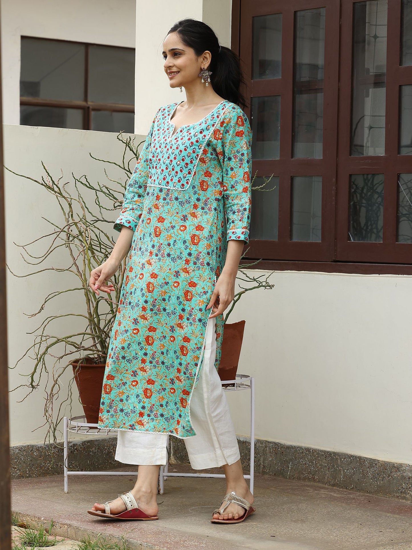 Blue Cotton Kurta with Mirror Embroidery at Yoke