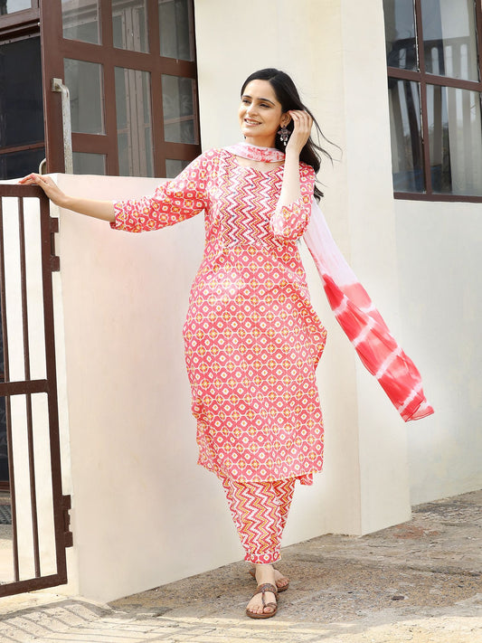 Pink Pastel Kurta Set with Tie-Dye Dupatta