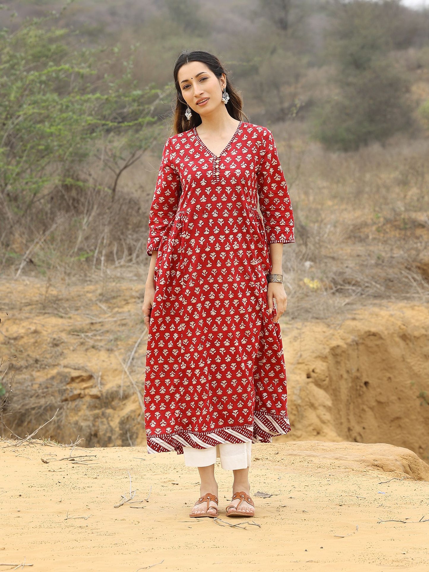 Red Handblocked Bagru Print Anarkali Kurta