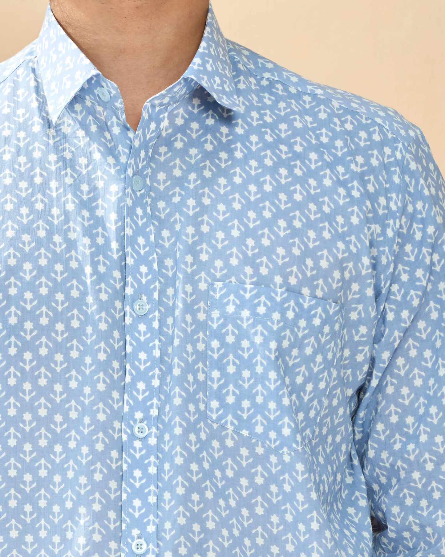 Sky Blue Cotton Casual Printed Shirt