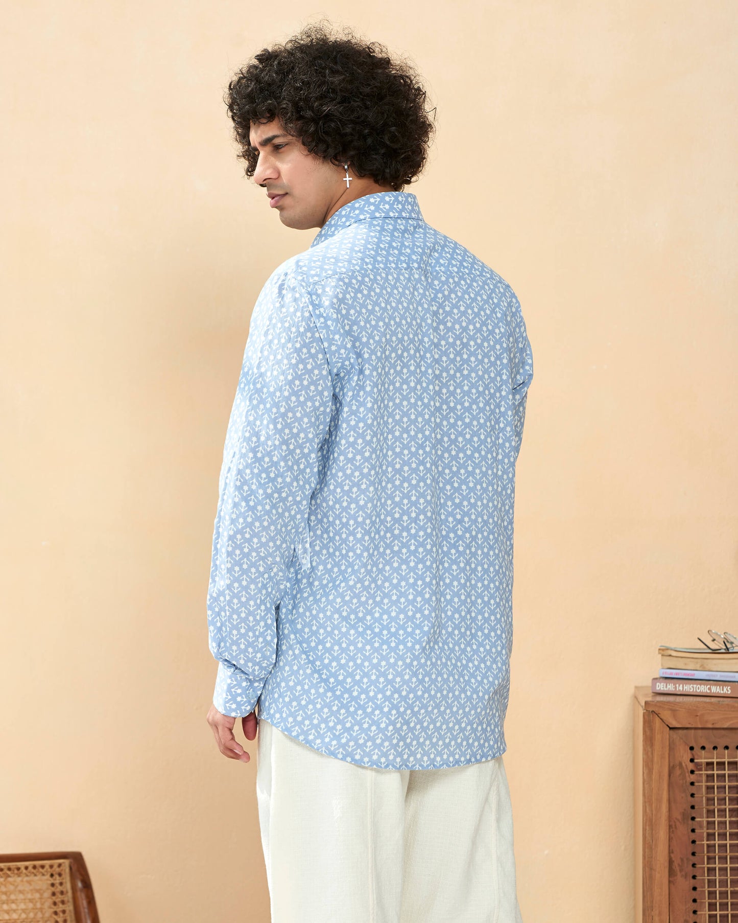 Sky Blue Cotton Casual Printed Shirt