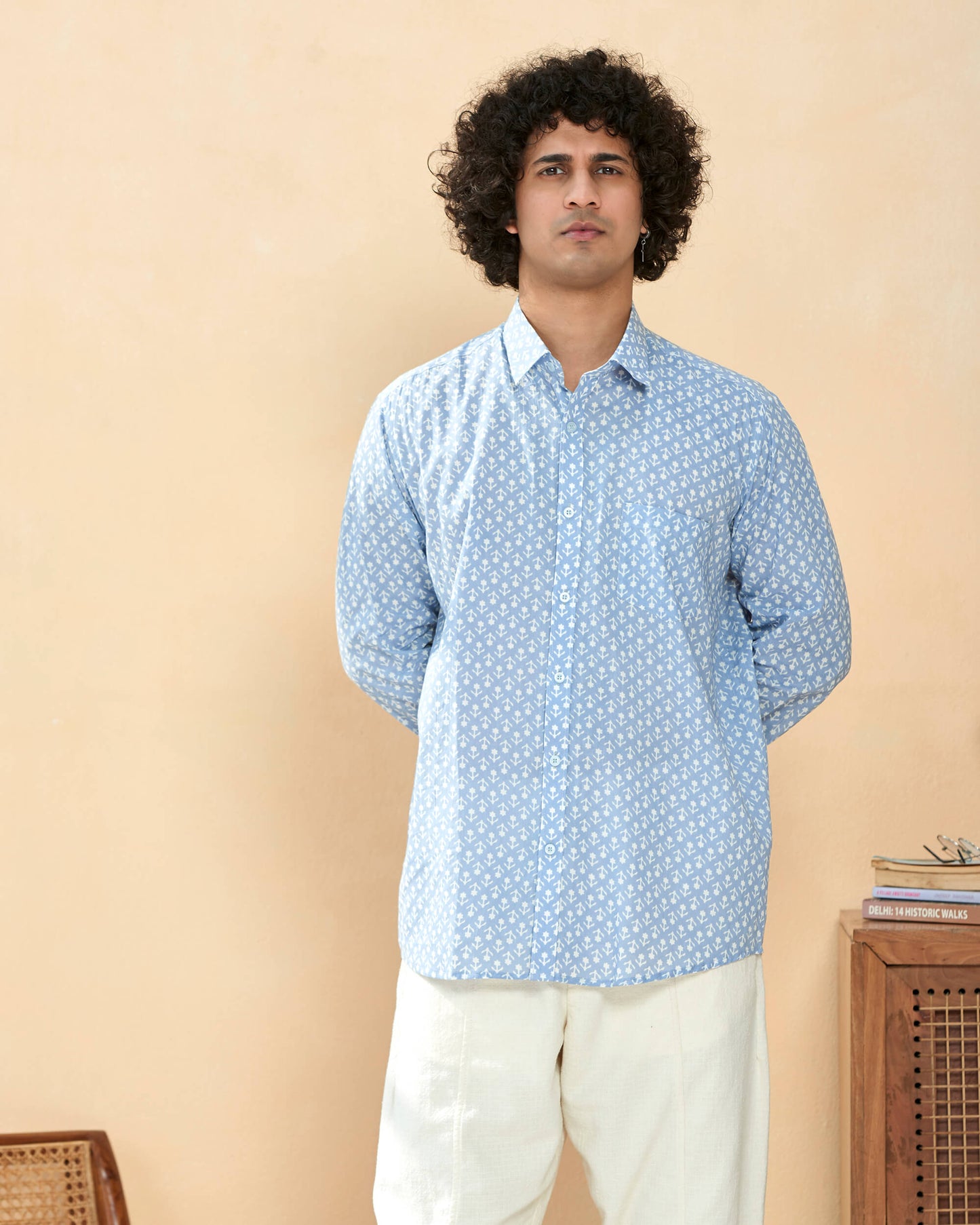 Sky Blue Cotton Casual Printed Shirt