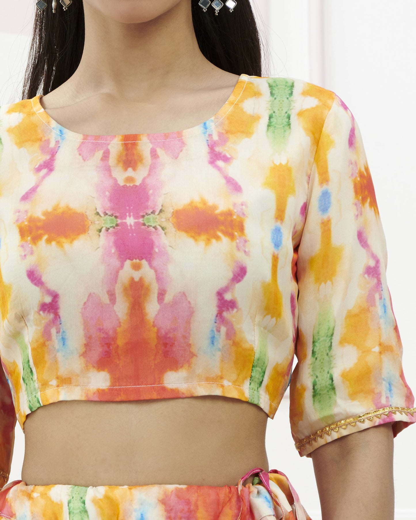 Satin Pleated Tie N Dye Printed Skirt Crop Top