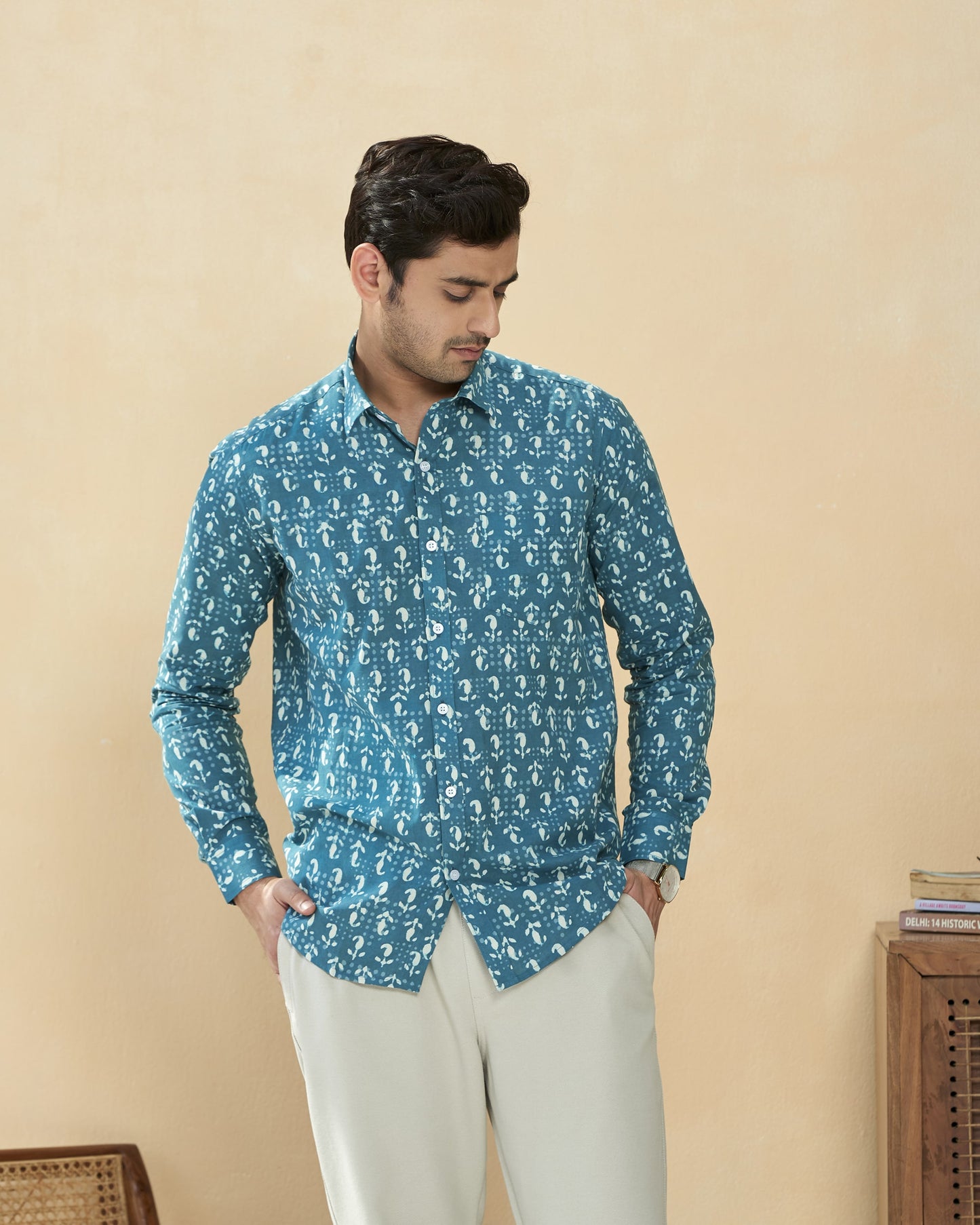 Sea Blue Cotton Handblocked Printed Shirt