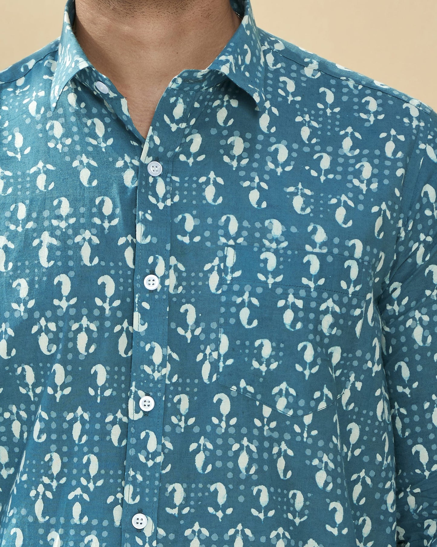 Sea Blue Cotton Handblocked Printed Shirt