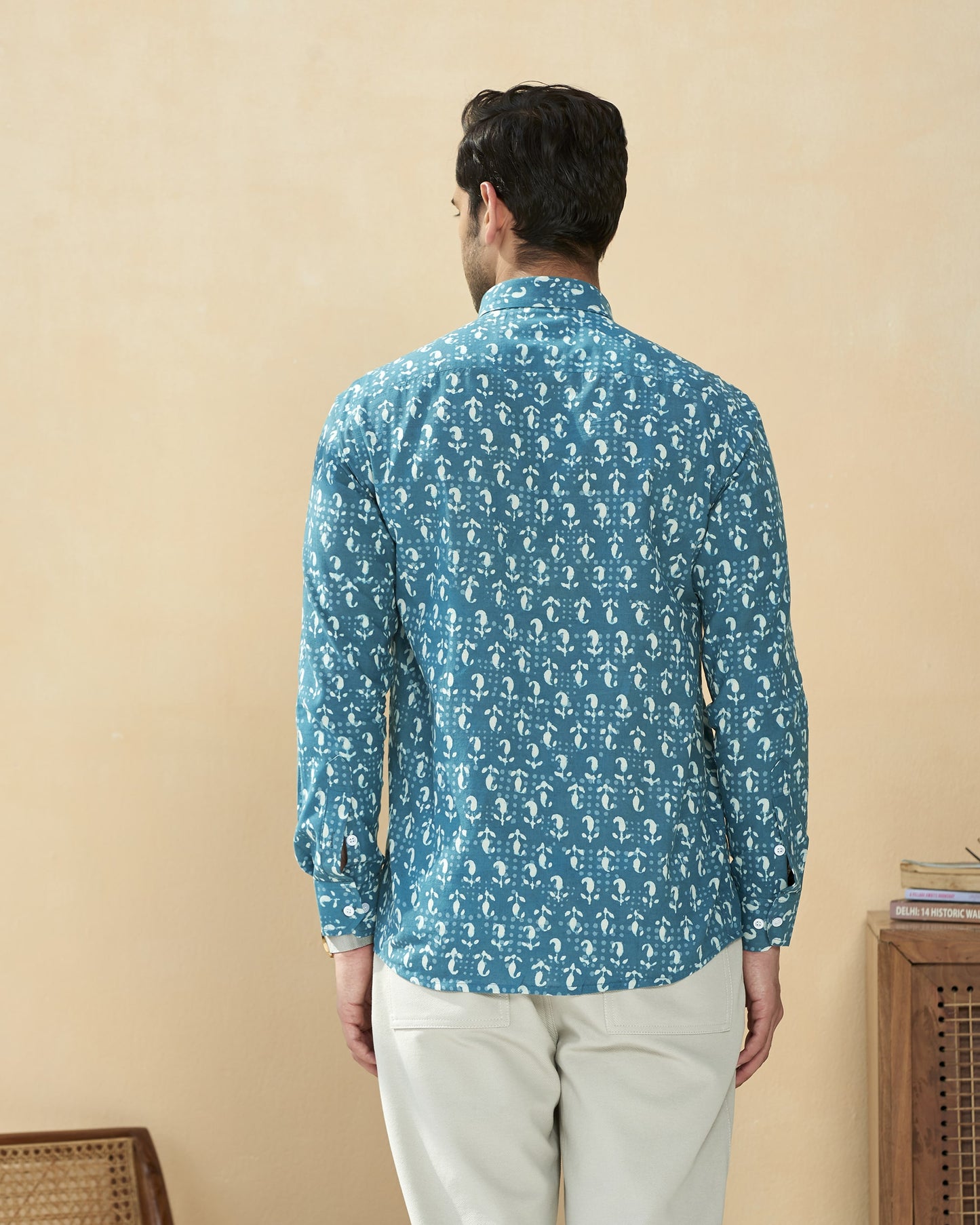 Sea Blue Cotton Handblocked Printed Shirt