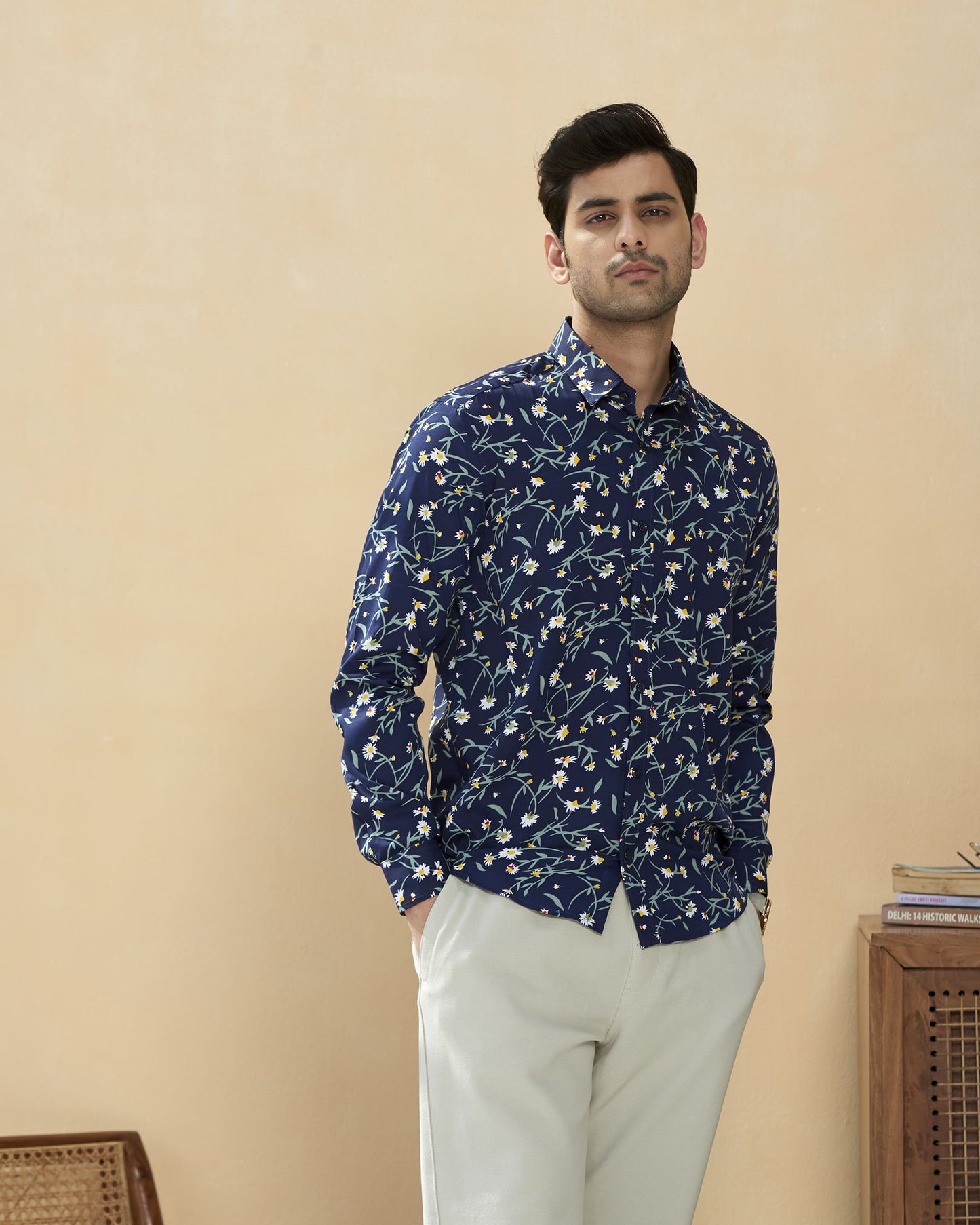 Navy Cotton Handblocked Printed Shirt