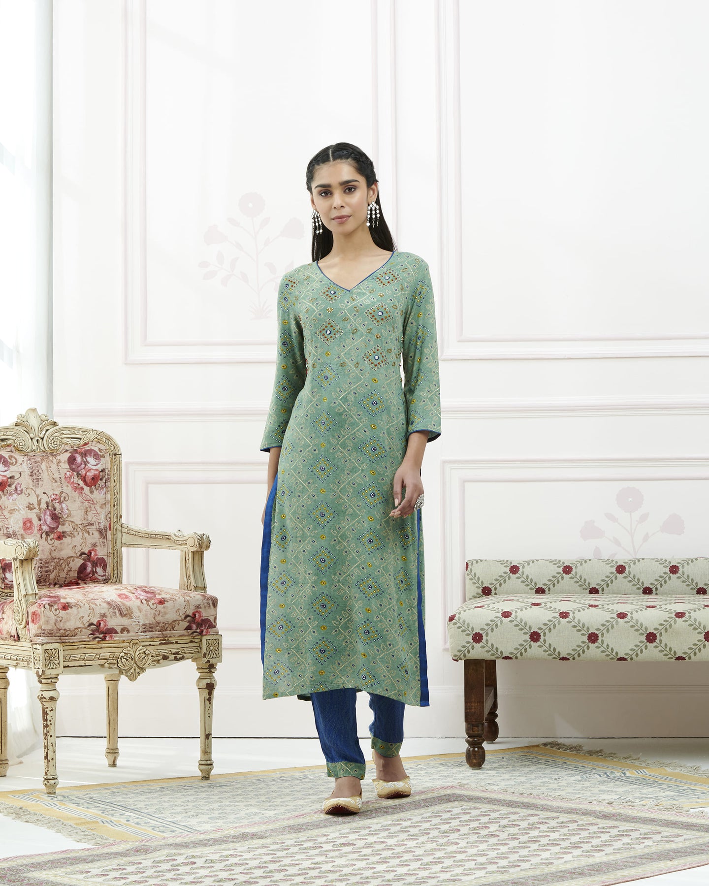 Art Silk Bandhej Printed Kurta Set With Emb At Yoke