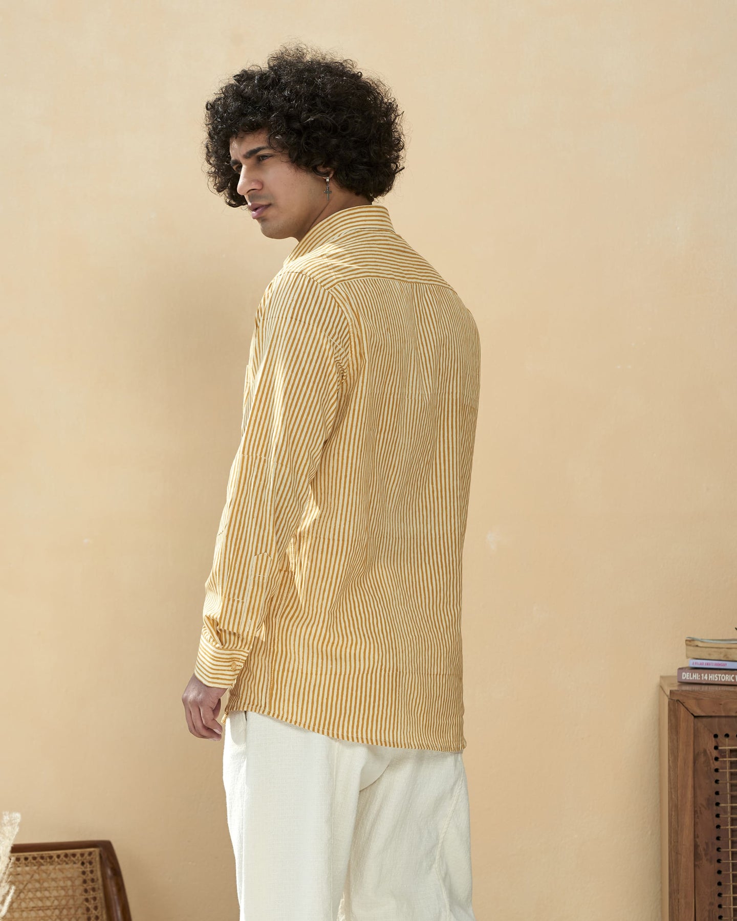 Mustered Yellow Cotton Hand Block Printed Men's Shirt