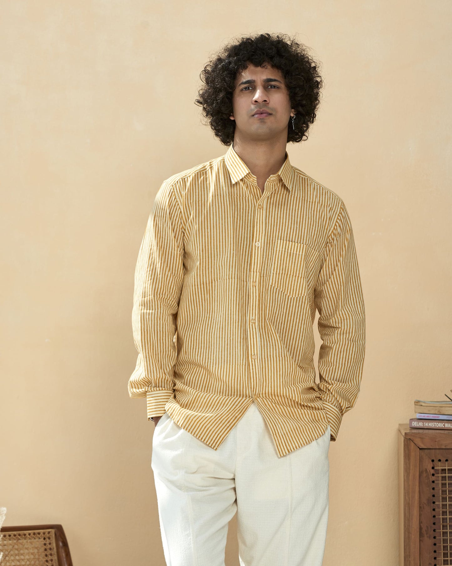 Mustured Yellow Cotton Handblocked Printed Shirt