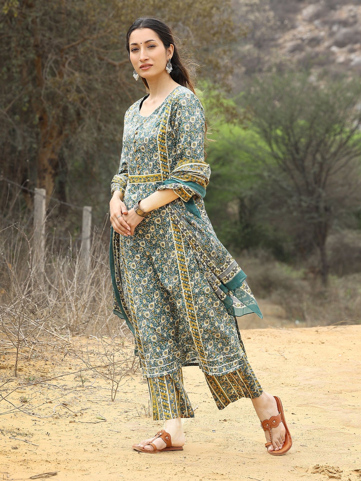 Pastel Gold Print Straight Kurta Set with Pant