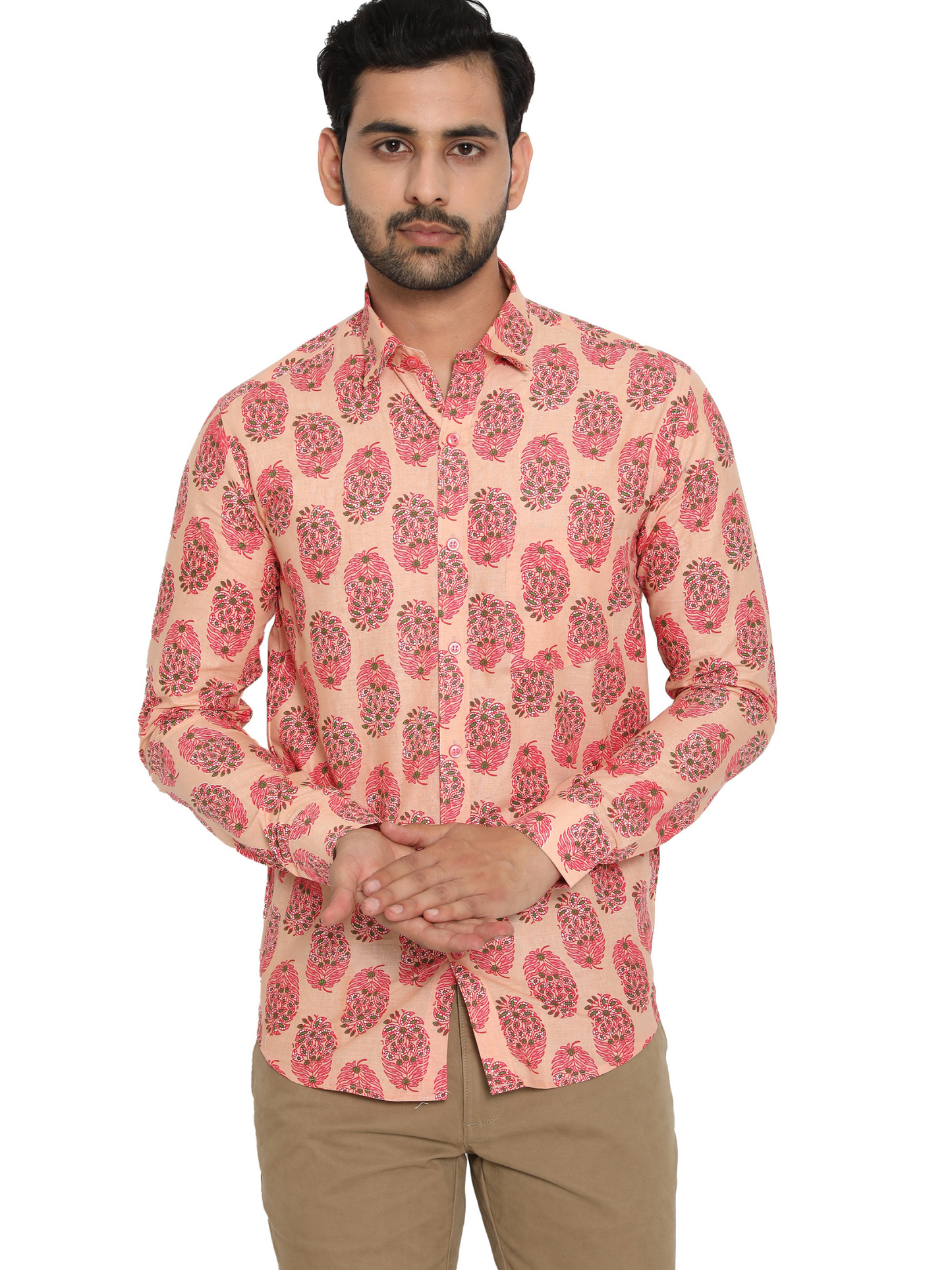 Full Sleeve Printed Mens Cotton Tshirt (Peach)