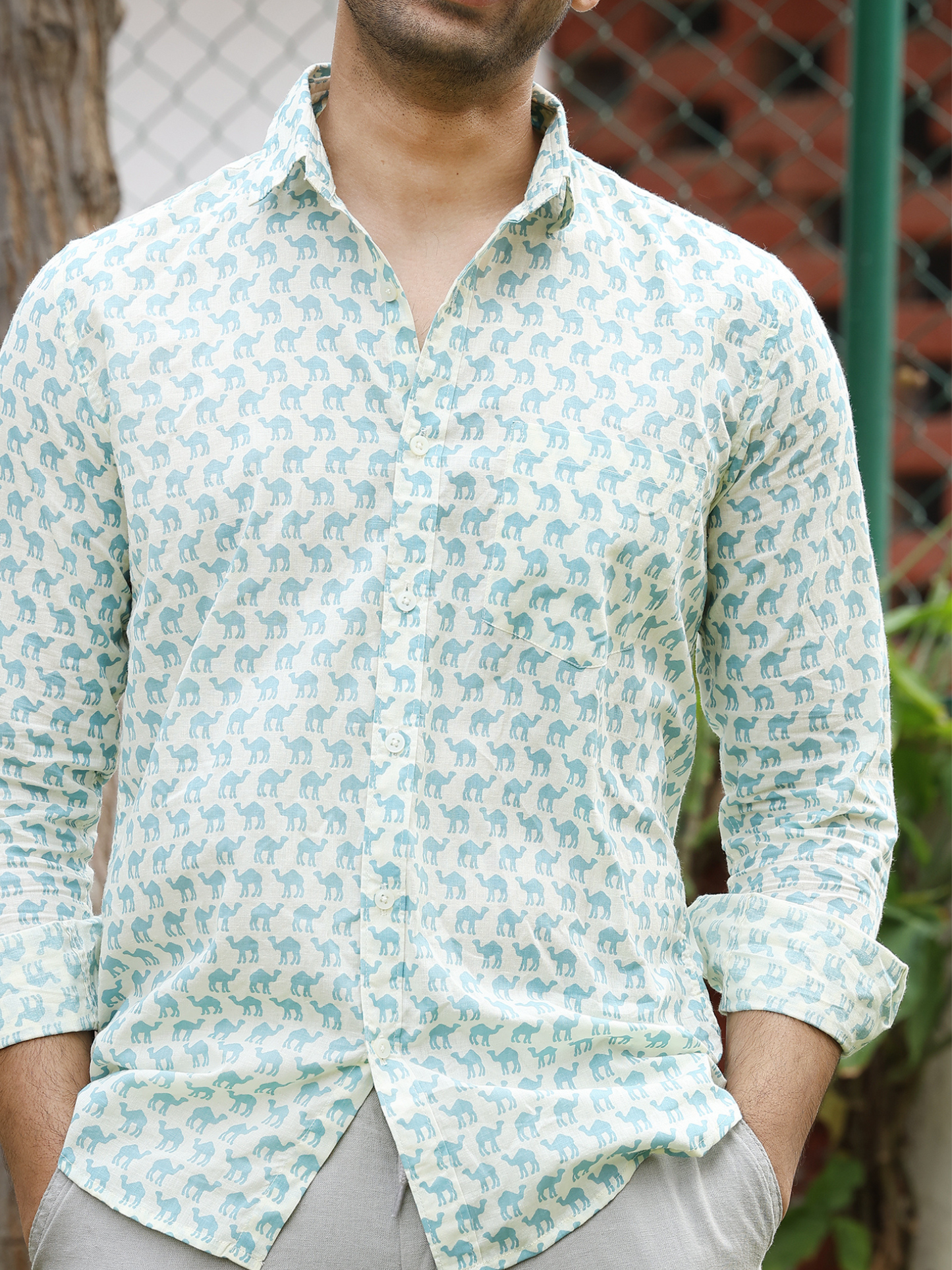 Full Sleeve HandBlocked Camel Printed Mens Cotton Shirt (Light Blue)