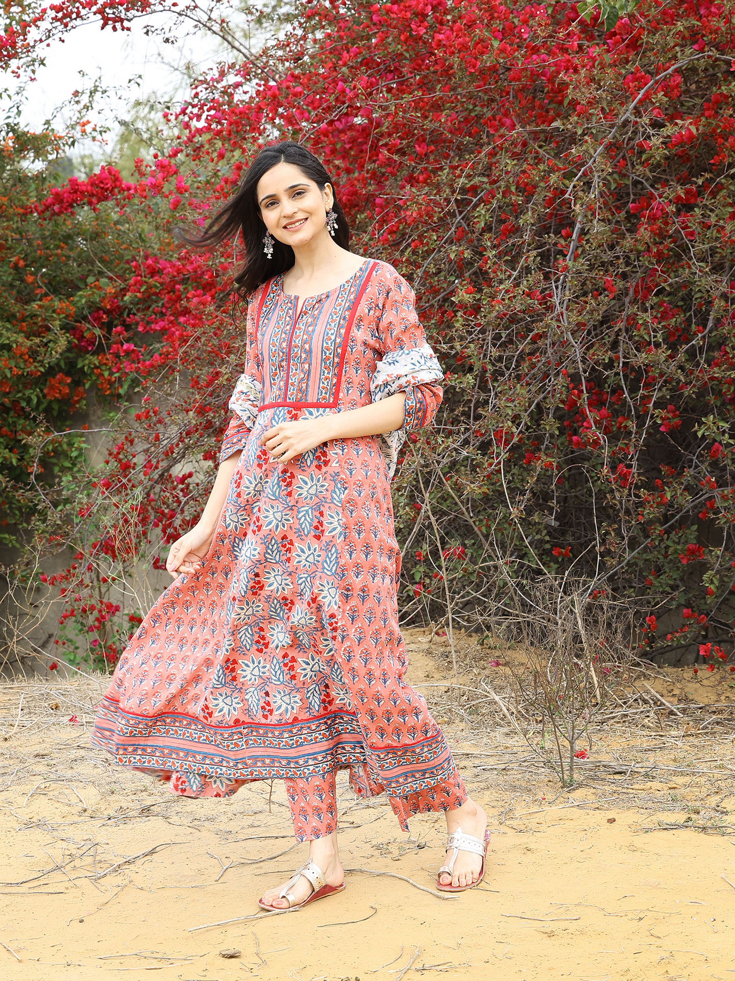 Pink Hand Block Printed Cotton Anarkali Kurta Set with Printed Pant & Chanderi Dupatta