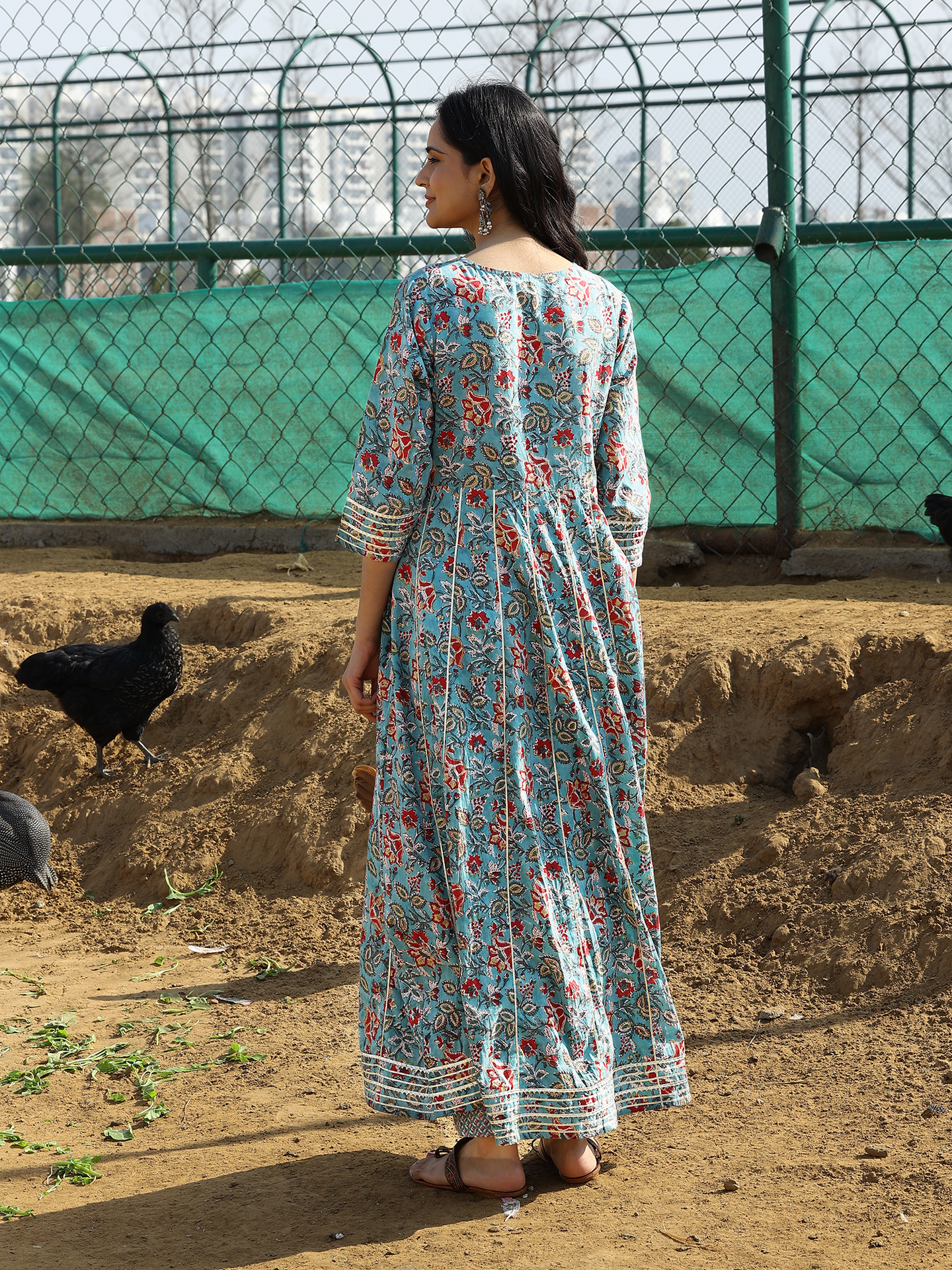 Light Blue Hand Block Cotton Printed Anarkali Kurta Set with Beads & Gotta Work with Chiffon dupatta