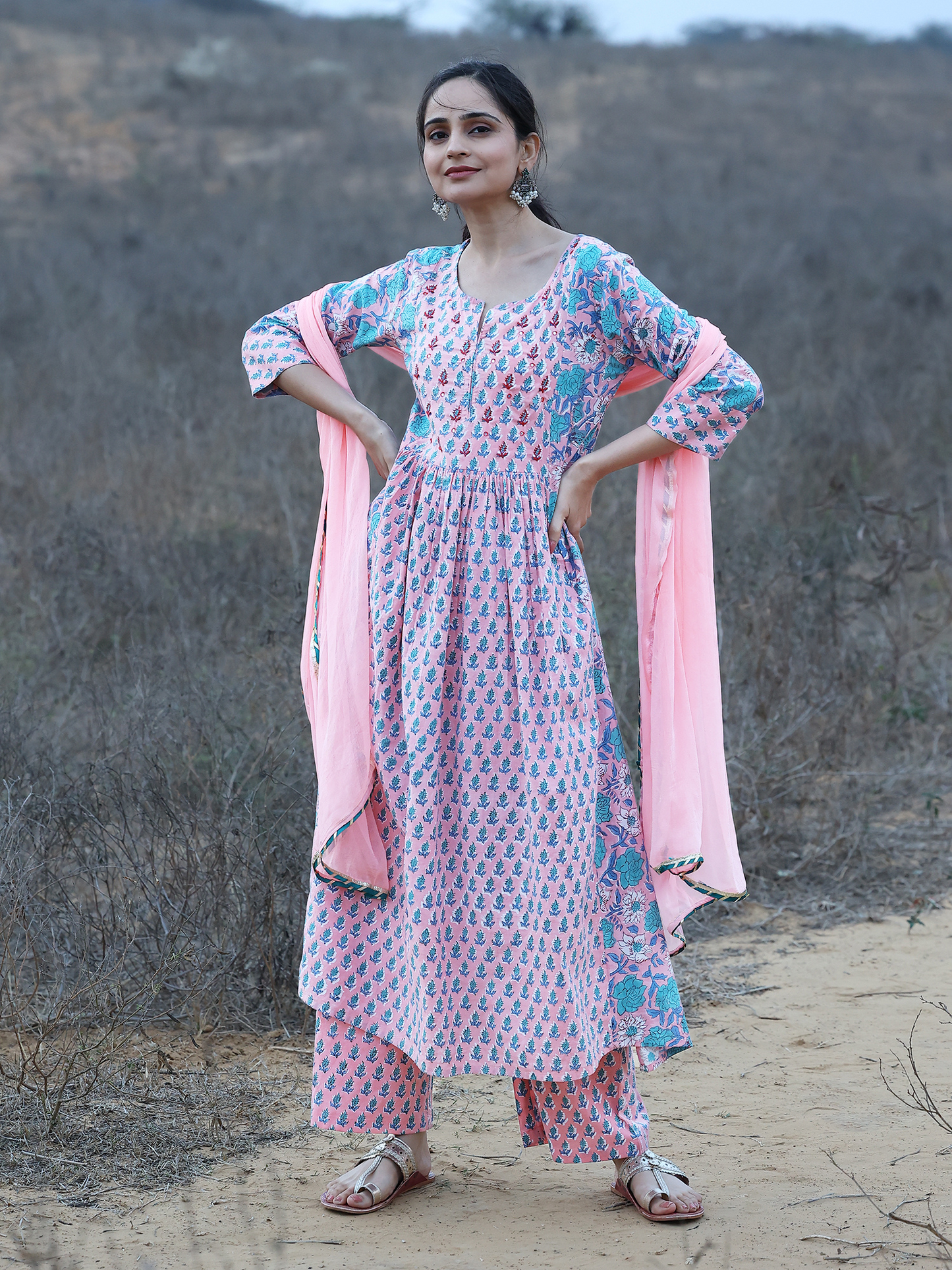 Handblocked Printed A-Line Kurta Set with Thread Embroidery at Yoke